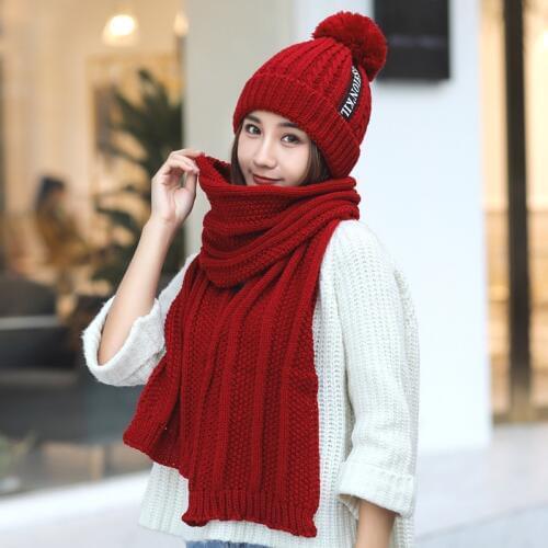 Winter Knitted Hat Big Ball Wool Hat For Women Girls Knitted Scarf Skullies Beanie Caps Set Solid Winter Hats Set