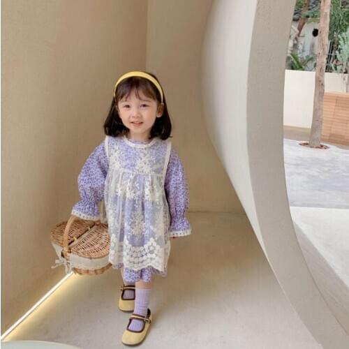 2021 Korea style girls 2 pcs set lace vest +dress spring cotton kids suit 1-6 years YL528