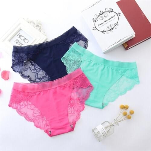 3pcs/Lot Women Sexy Seamless Briefs Transparent Flower Embroidered Underwear Lace Panties Bielizna Damska