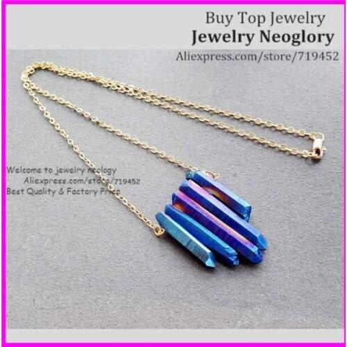 5pcs Raw Rainbow Blue Titanium Aura Quartz Spike Necklace, Rough Druzy Point Arrow Boho Crystals with Gold Brass Chain