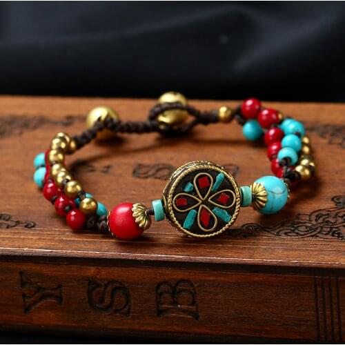 European and American Bohemian Style Retro Semi-precious Stones Womens Bracelet Wax Rope Hand-woven Creative Female Bangle