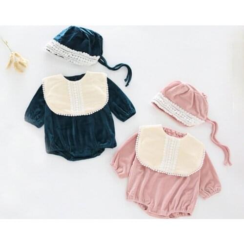 2022 Baby Girls Romper Toddler Velvet Long Sleeve Lace Jumpsuit+Hat Set Princess Infant Girl Autumn Spring Clothes