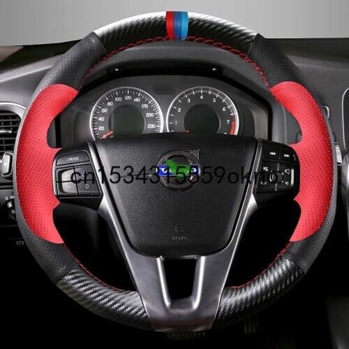DIY Car Steering Wheel Cover Custom Fit For Volvo S90 XC60 S60L V40 S80L Interior Accessories Black Red Leather