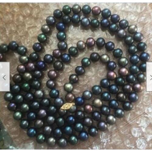 Elegant 9-10mm Tahitian round black green multicolor pearl necklace 48inch