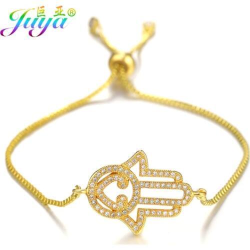 Juya Handmade Classical Bracelet Supplies Micro Pave Cz Hamsa Fatima Hand Charm Bracelets For Women Men Couple Jewelry Wholesale
