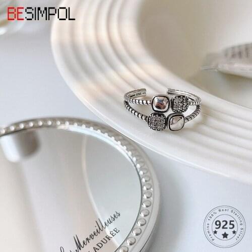 Besimpol Design Sense 925 Sterling Silver Ring Fashion Vintage Geometric Squares Adjustable Rings For Women Party Fine Jewelry