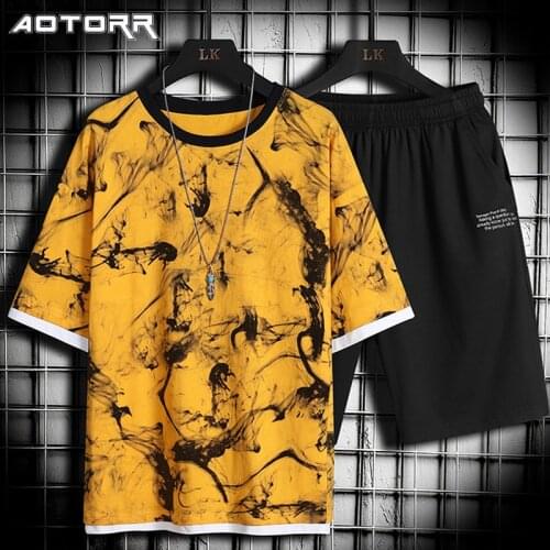 Summer Men Casual Sports Suit Round Neck Hit Color Top Solid Color Shorts Two Piece Loose Breathable Beach Short Sleeved Set Men