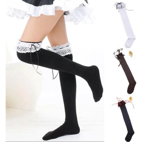 Girls Lace Bow Kawaii Lolita Pantyhose Thigh High Stockings For Women Boot Socks Cotton Over Knee Sock 4 Colors Cheap Wholesale