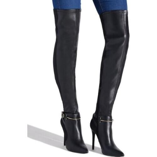 Fashion Woman Black Burgundy Patchwork Slim Over The Knee Boots Pointed Toe Metal Buckle Pointed Toe Heels Long Leather Boots