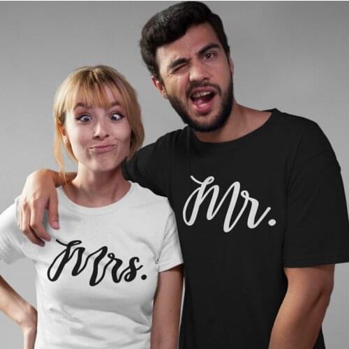 Mr Mrs Couples Matching T-shirt Men Women Letter Print Tee Top Fashion O-Neck Newlywed Honeymoon Tshirt Gift For Bride And Groom