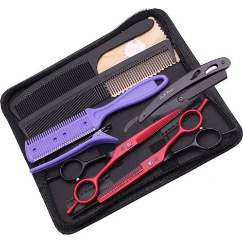 Y1222 5.5" Red Professional Hairdressing Hair Cut Scissors Set Barber Hair Thinning Kit Barber Razor with Blade Comb Case