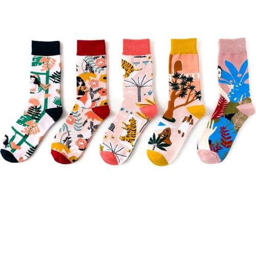 Flower Tree Bird Tiger Women Streetwear Short Creative Cute Men Sock Warm Funny Short Kawaii Winter Cotton Happy Ankle Socks