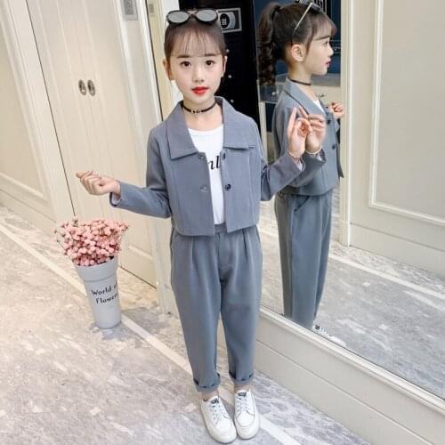 2021 New Autumn Kids Girls Clothes Set Solid Formal Short Jacket + Pants Outfits Suit Teenager Children Clothing 3- 12 Year