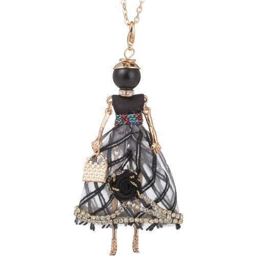 HOCOLE Trendy PARIS Handmade Dance Doll Pendants Necklace Long Dress Rhinestone necklace Fashion Women Girl Kids necklace charms