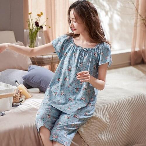 Large Size M-3XL Women Pajamas Sets Soft Nightwear Summer Short Sleeve Pyjamas Small Flower Print Sleepwear Female Pijamas Mujer