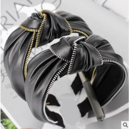 30pcs/lot DIY Black PU ZIPPER Chain Headband Imitation Leather Wide Tie A Knot Head Bands Hair Styling Tools HA864