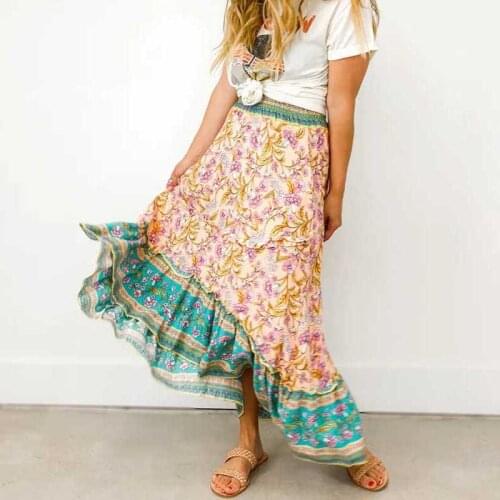 Drop Shipping Vacation Womens Clothing Floral Print High-waisted Long Cotton Woman Skirts Plus Size Maxi Skirt