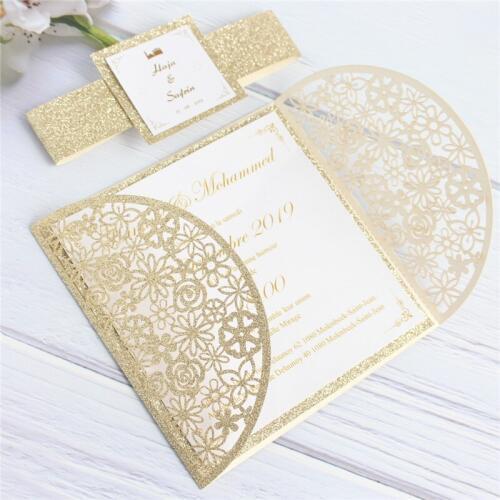 Luxury invitation cards wedding christening with glitter belly band gold insert card offer customized printing 50pcs