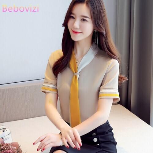 S-XXL Fashion Korean 2020 New White Blue Yellow Women Blouse OL Office Casual Summer Short Sleeve V-neck Tops