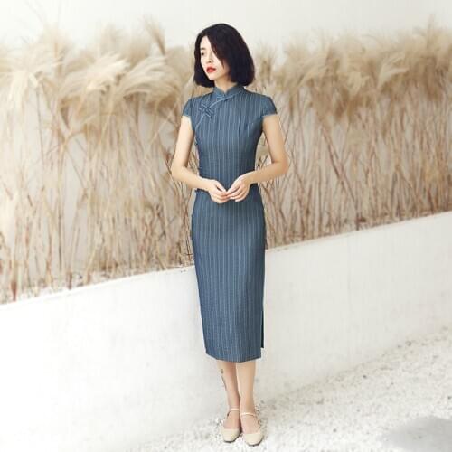 Sheng Coco Jacquard Cotton Cheongsam Linen Autumn Qipao Dresses Classic Stripe Cheongsam Long Blue Oriental Dress Women Clothing