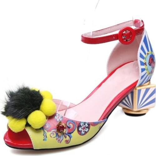 Phoentin Open Toe Shoes Original Strip Print With Fur Womens Brands Shoes Ankle Strap Middle Heels Yellow Black Color FT269C