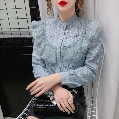 Spring Autumn Loose Women Blouses Lolita Sweet Style Clothes Lace Up Ruffles Fashion Brand Ulzzang Stand Shirts Ladies Tops