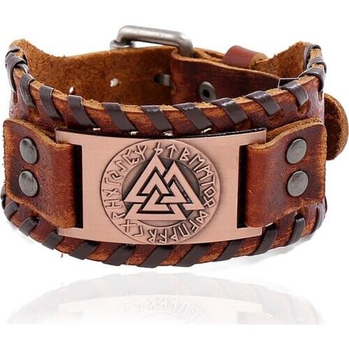 Viking Charms Triangle Pattern Wide Wrap Bangle Braided Genuine Leather Bracelet Watch Strap Jewelry Punk Men Pulsera Hombre