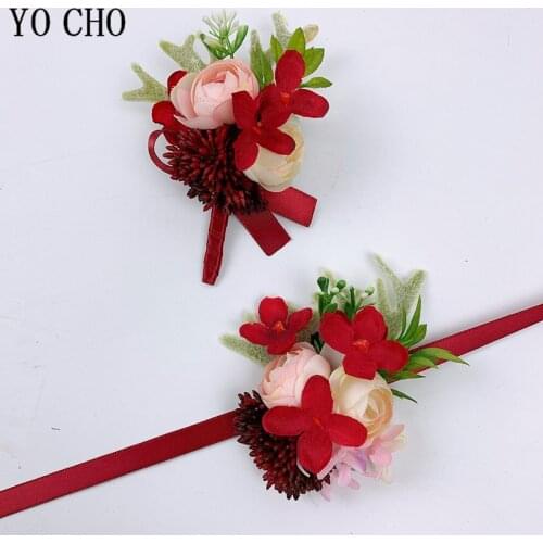 YO CHO Groomsmen Boutonniere Corsage Pin Flowers Wedding Wrist Bracelet for Bridesmaids Flowers Wedding Marriage Brooch Corsages