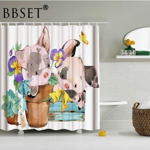 Animal Shower Curtain Two Funny and Cute Pink Pigs Pattern Waterproof Multi-size Douchegordijn Bathroom Decor with 12 Hooks