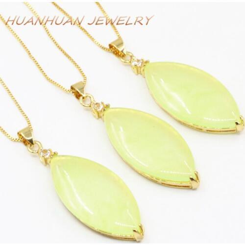 Gold Stainless Steel Necklace Pendant for Women Natural Stone Jades Marquise Shape Exquisite Gift 18x48mm Chain Jewelry B3361