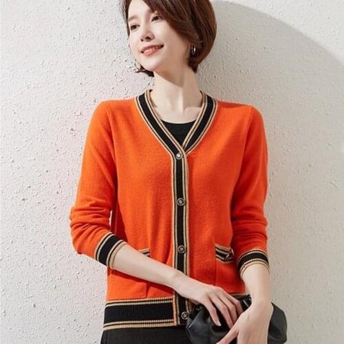 Womens Cardigan Knitted Sweater Long Sleeve Color Matching Female Cardigan with Buttons Short Sweater Women Outerwear Y641