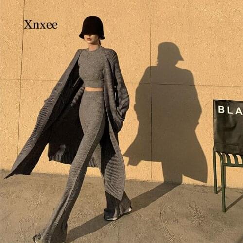 Spring Autumn Womens Knitted Tracksuit 3 Pieces Set Long Sleeve Cardigan and Sleeveless Pullover Tops and Pants Trousers Suits