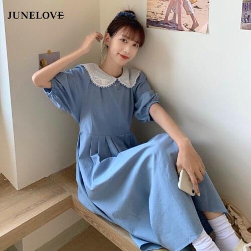JuneLove Lace Patchwork Peter Pan Collar Casual Vestidos Summer Vintage Dresses For Women Korean Lace Up Slim Waist Long Dress