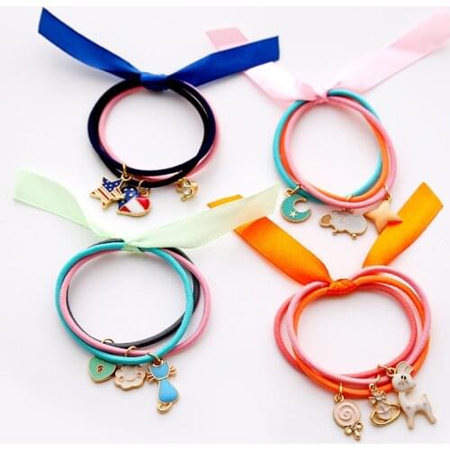 1Pack=3Pcs Bow Elastic Rubber Bands Girl Candy Color Headwear Ribbon Women Hair Accessories Cat Star Pattern Scrunchy Ornaments