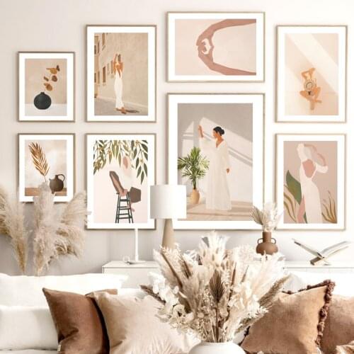 Abstract Girl Pose Leaf Plant Wall Art Print Canvas Painting Nordic Poster Modern Gallery Wall Pictures For Living Room Decor