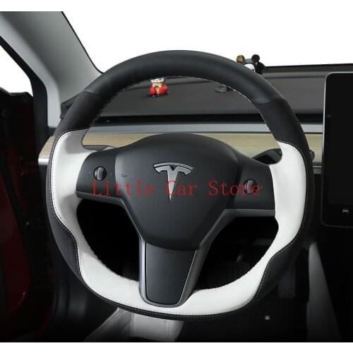 DIY Car Steering Wheel Cover For Tesla Model 3 Model Y Interior Accessories Stitch On Wrap Anti Slip Black Leather