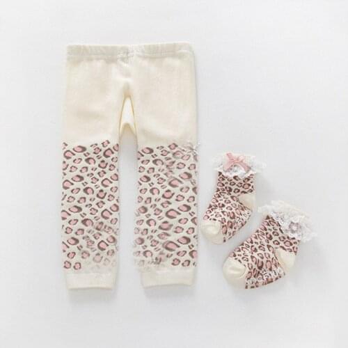 Ivory Cotton Baby Leggings Spring autumn leparod print Kids pants 0-24m Children toddler Legging +socks set