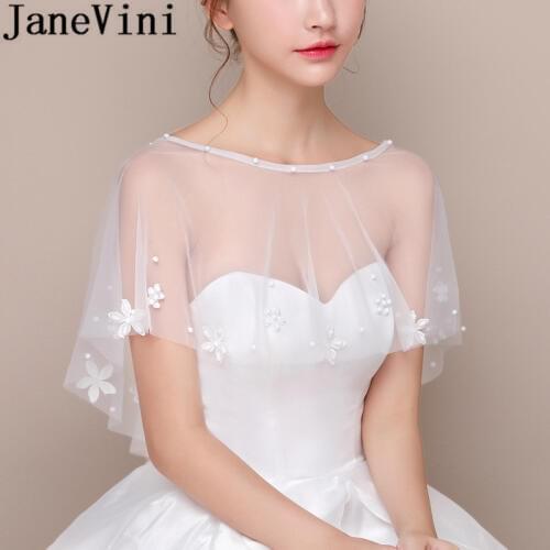 JaneVini Graceful Bride Flowers Wedding Cape Summer White Bolero Girl Tulle Shawl Wrap to Cover Arm Jacket Bridal Cloak Stoles