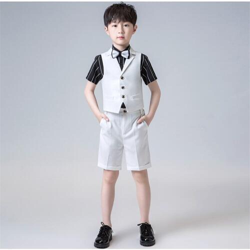Flower Boys Formal Wedding Tuxedo Dress Kids Vest+Shirt+Short+Tie Clothing Set Children Piano Performance Graduation Costume