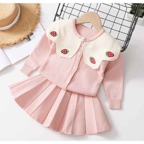Girls Autumn Strawberry Embroidered Skirt Suit Two-piece Sweater Toddler Clothes Clothing Set Fashion Clothes Kids Clothes Girls