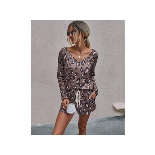 New Women Two-Piece Pajamas Leopard Print Suit Crew Neck Long Sleeve Shirt Stretch Lace Shorts Fashionable And Comfortable