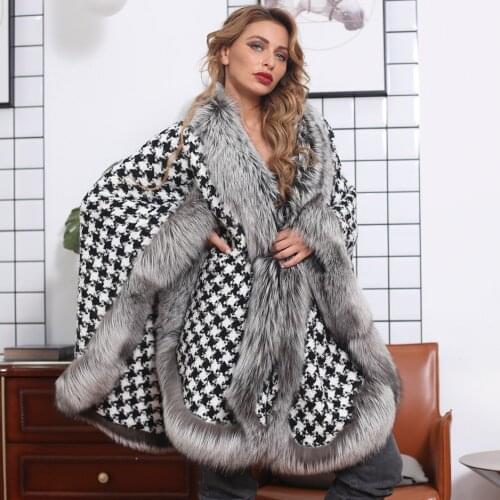 New Arrival Fur Trim Ponchos Capes Fashion Elegant Wool Houndstooth Cardigan Autumn Winter Warm Real Fox Fur Poncho Women