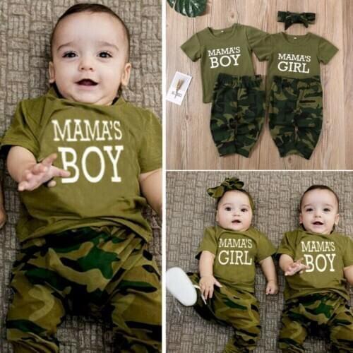 0-3Y Newborn Toddler Baby Boy Girl MAMA´s boy girl Camouflage Outfits Letter prints Clothes T-shirt Tops Long Pants Tracksuit