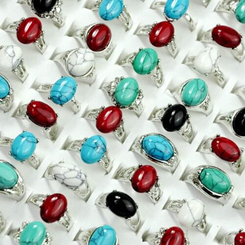 15Pcs Women Ring Mixed Turquoises Stone Womens Ring Lot female anel Jewelry Wholesale LR4056