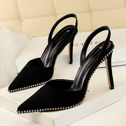 European And American-Style Sexy High Heels Stiletto Suede Shallow Mouth Cut out Back Strappy Studded Pointed Sandals