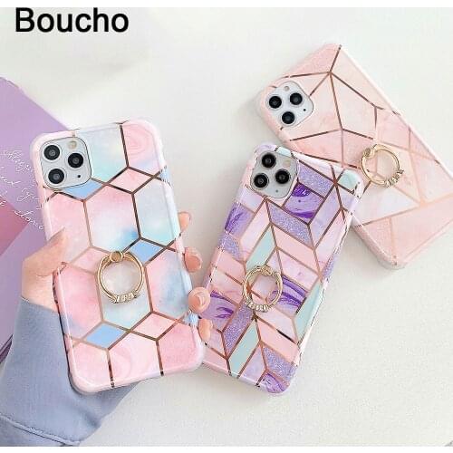 Luxury Plating Line Geometric Marble Phone Case For iPhone 12 mini 11 Pro Max X XS XR 7 8 Plus Diamond Ring Holder Soft Cover