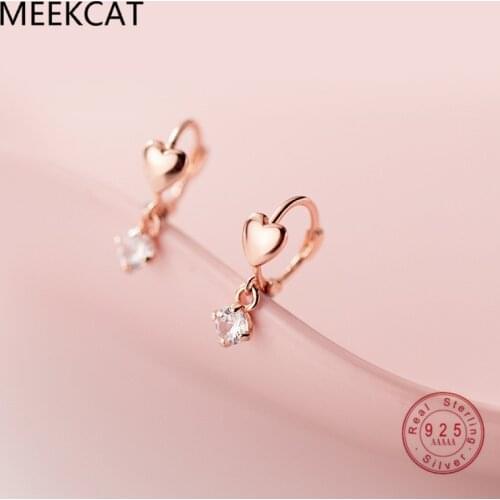 MEEKCAT Real 925 Sterling Silver Minimalist Short Love Heart Round Zircon Stud Earrings for Fashion Women Couple Jewelry Gift