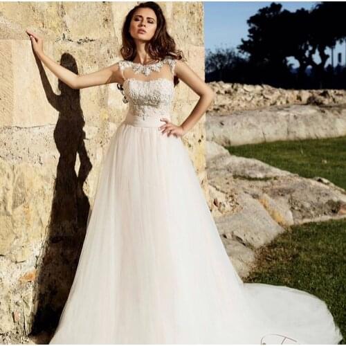 Wedding Dress A-Line O-Neck Tank Lace Appliques Sequined Beads Backless Illusion Floor Length Sweep Train Elegant Bride Gown New
