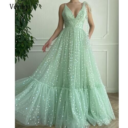Verngo Elegant Light Mint Green Tulle Long Prom Dresses With Heart Shape Pattern A Line Floor Length Evening Gowns With Pockets