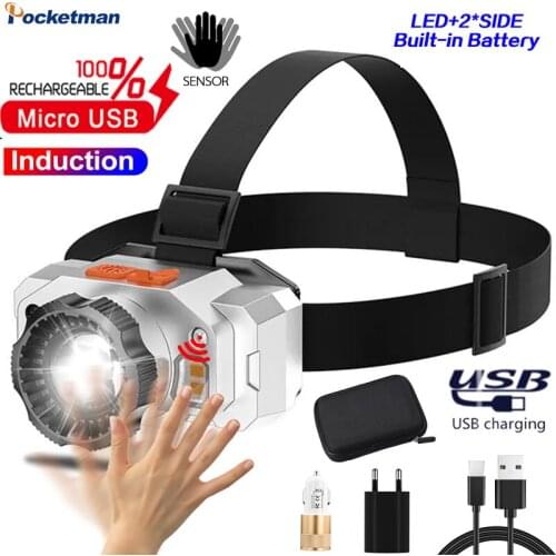 XPE+COB Strong Light Headlamp Motion Sensor Headlight 3LED USB rechargeable Head Lamp Fishing Camping Night Work Lighting Tools